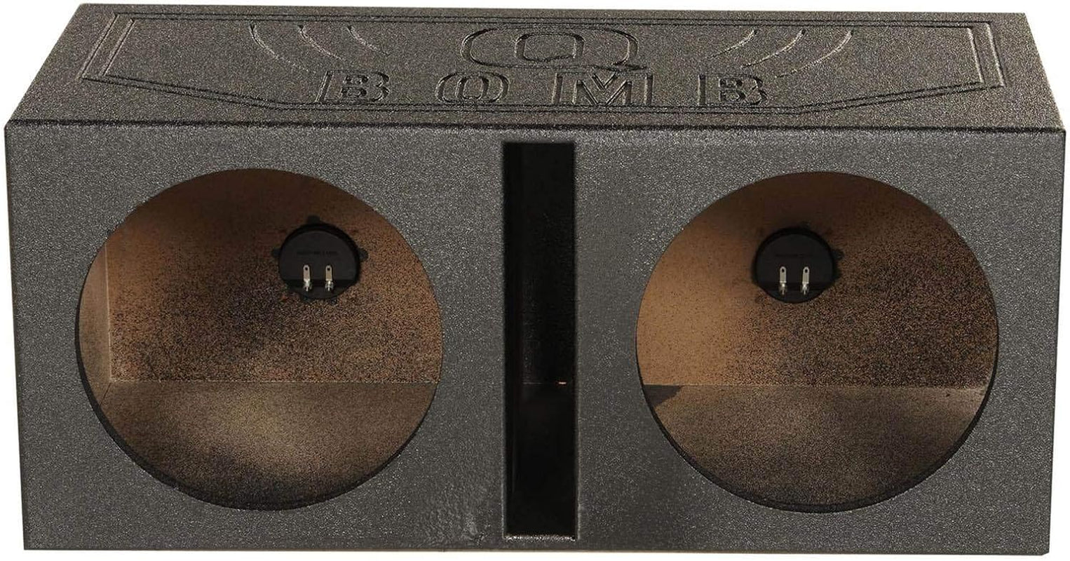 QBOMB10V Dual 10 Inch Vented Port Subwoofer Sub Box, 1 Cubic Foot per Sub, Tuning Frequency 40 Hz, with Bedliner Spray