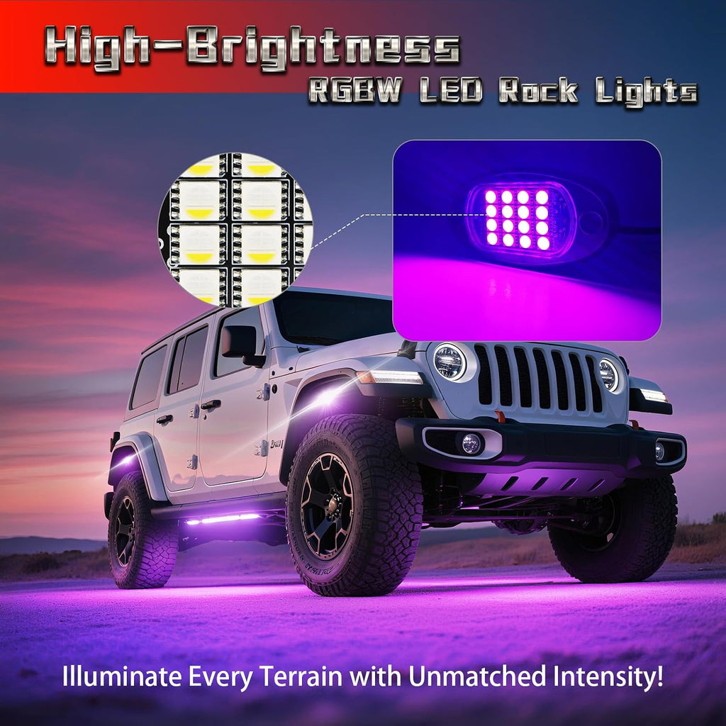 4 Pods RGBW LED Rock Lights for UTV ATV Golf Cart RZR SXS Truck Jeeps off Road, Waterproof Multicolor Neon Underglow Kit with APP/RF Remote Control&Brake Red Function,12V Pure White Underbody Lights