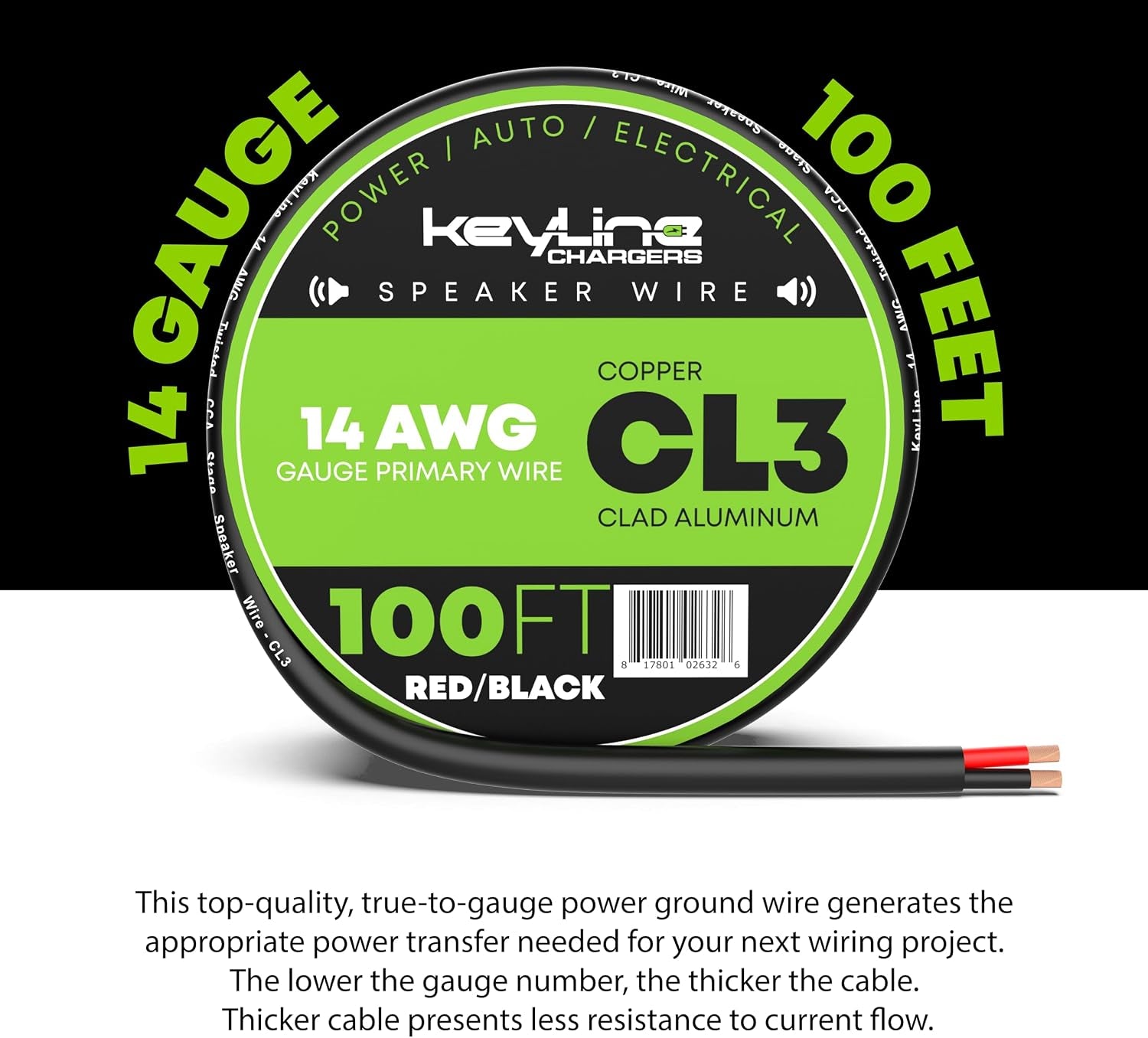 14 Gauge Speaker Wire - 100 Feet Black | 14-2 AWG Gauge - Rated for Marine & Outdoor in Ground Burial & in Wall CL3 CL2, 2 Conductors - CCA Copper Clad Aluminum, Black 100Ft