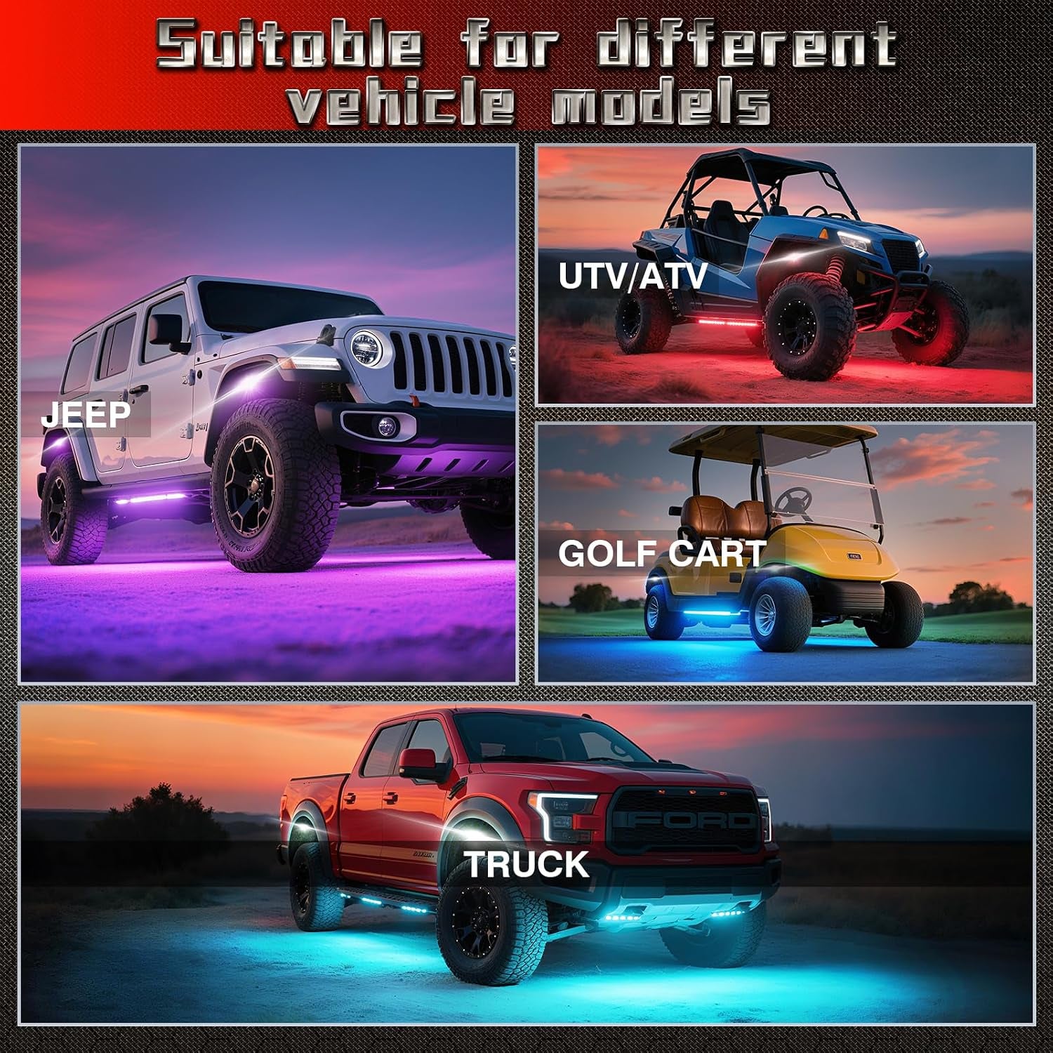 4 Pods RGBW LED Rock Lights for UTV ATV Golf Cart RZR SXS Truck Jeeps off Road, Waterproof Multicolor Neon Underglow Kit with APP/RF Remote Control&Brake Red Function,12V Pure White Underbody Lights