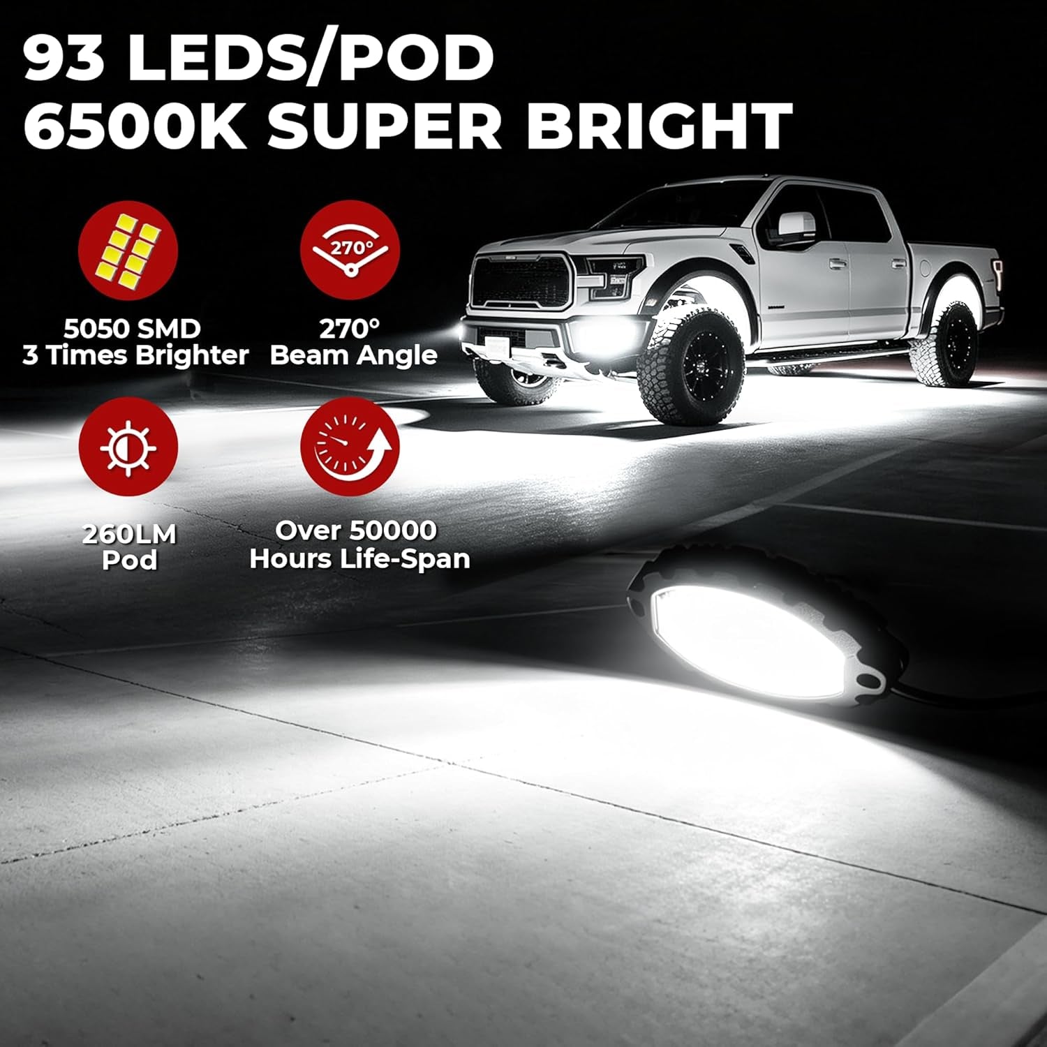 20 Pods Aluminum 1860Leds Super Bright White Rock Lights with Switch Wiring Harness, Metal Underglow Light Waterproof Led Lights for Trucks Jeep ATV UTV Suv,Plug and Play, Easy to Install(Patented)