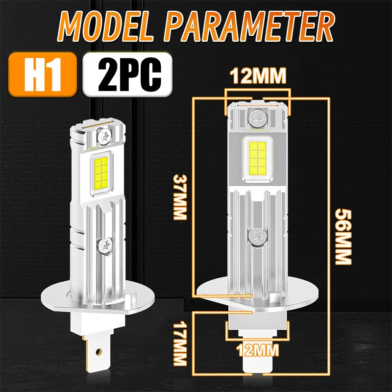 2Pcs H1 LED Car Headlight Bulbs H1 Led Canbus Fog Lights Fanless 1:1 Mini Size Wireless 6500K White Plug&Play Auto Lamps 12V 24V