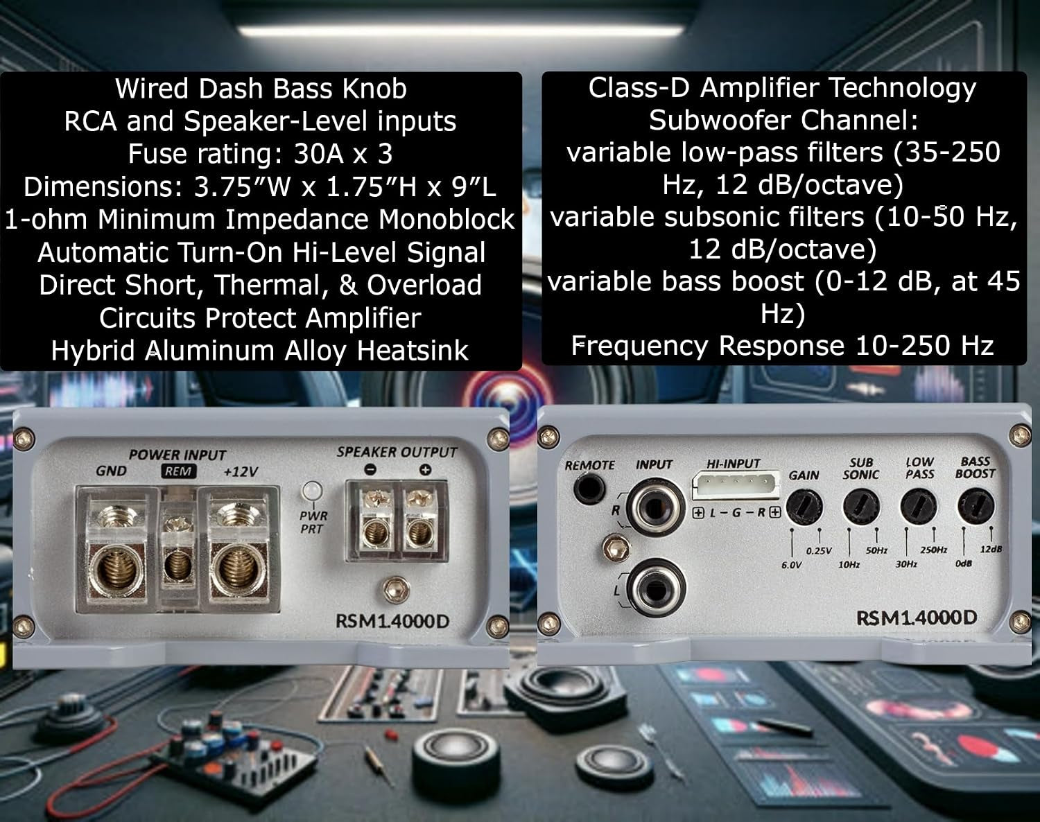 RSM1.4000D, Compact Class-D Subwoofer Amplifier, 4,000 Watts Small Monoblock Amplifier, 1,200 Watts RMS 1 Channel 1 Ohm Stable Car Amp