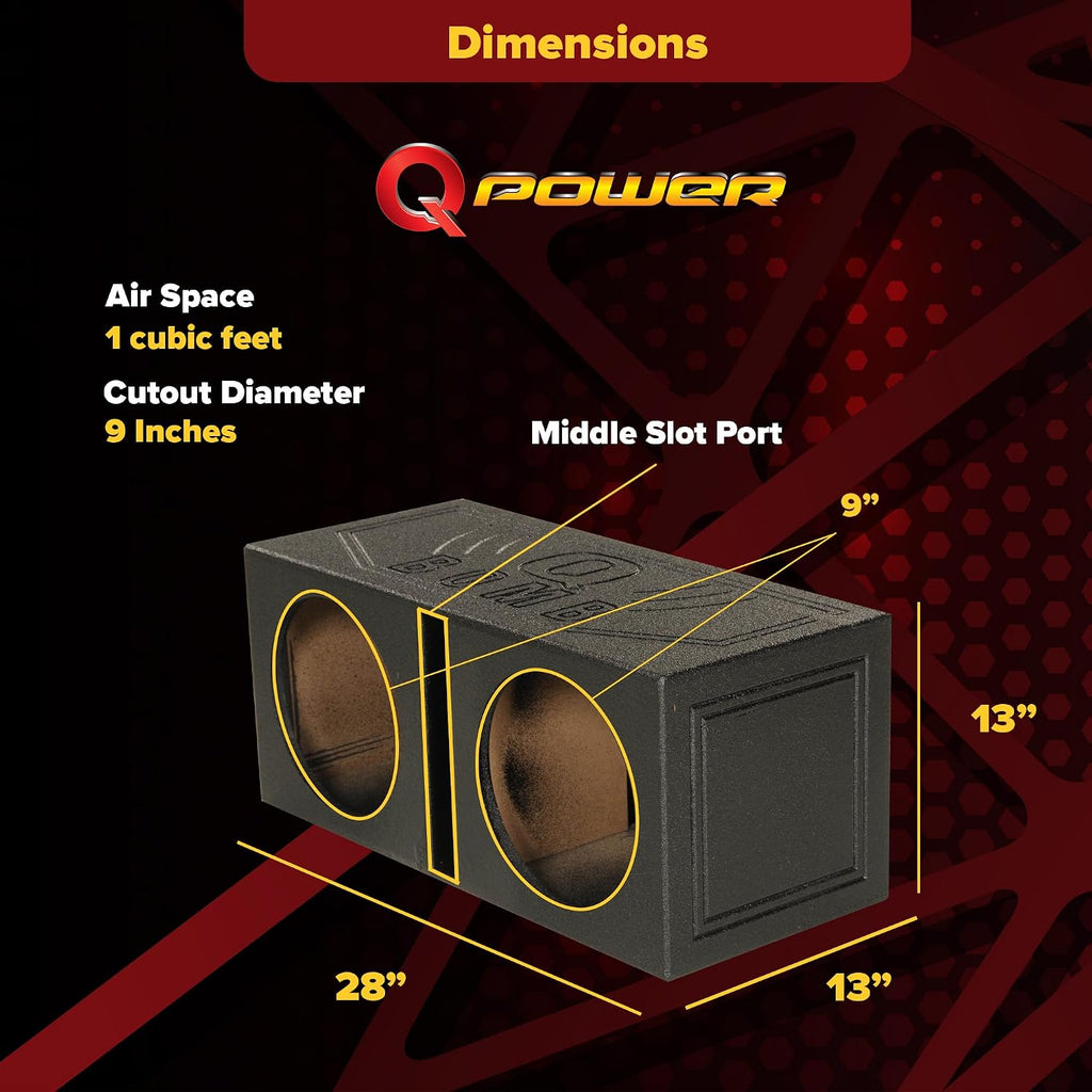 QBOMB10V Dual 10 Inch Vented Port Subwoofer Sub Box, 1 Cubic Foot per Sub, Tuning Frequency 40 Hz, with Bedliner Spray