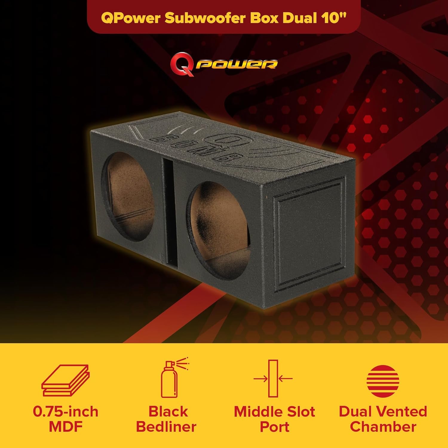 QBOMB10V Dual 10 Inch Vented Port Subwoofer Sub Box, 1 Cubic Foot per Sub, Tuning Frequency 40 Hz, with Bedliner Spray